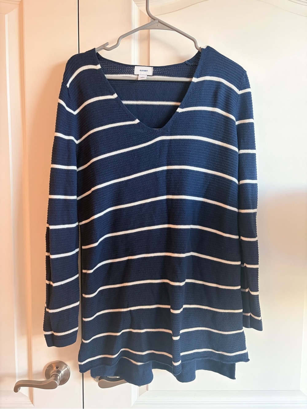 Blue and White Striped V-Neck Top